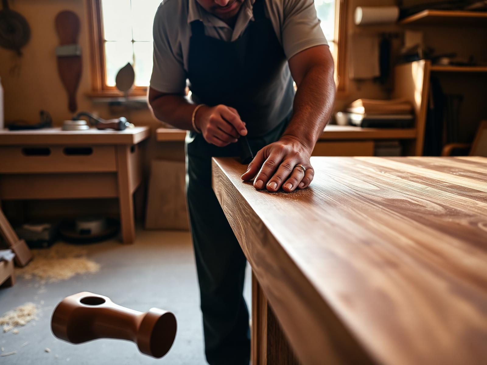 A craftsman finishing a walnut table